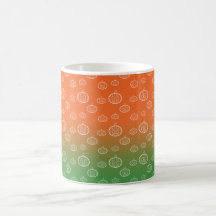 White pumpkin pattern on orange green fade coffee mug