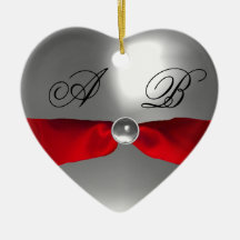 WHITE RED RIBBON GEM STONE MONOGRAM CHRISTMAS ORNAMENT
