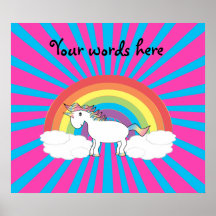 White unicorn on rainbow and clouds posters