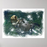 Wild Otter Preening in Ocean Photo Art Poster