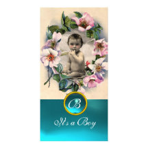 WILD ROSES AND AQUA BLUE GEM MONOGRAM CUSTOMIZED PHOTO CARD