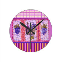 Wine And Grapes With Plaid And Stripes Wall Clock