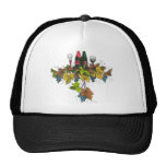 Wine bottle graphic on fall coloured grape leaves trucker hats