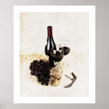Wine bottle, wine glasses and corks print