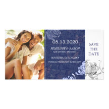 Winter Blue White Mum Floral Wedding Save the Date Photo Card