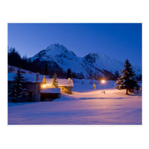 Winter chalets sunrise post card