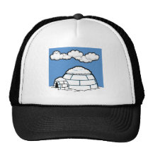 Winter IGLOO SNOW BLUE SKY WHITE CLOUDS CARTOON Trucker Hat