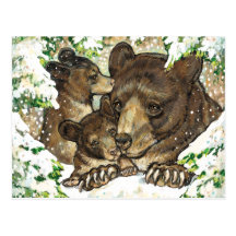 Winter Wildlife Art Black Bear Mother and Cubs Postcards