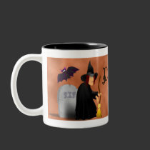 Witch and Bat Halloween Mug mugs