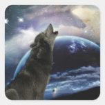 Wolf howling at the moon square stickers