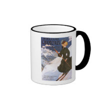 Woman in Green Skiing Poster Mugs