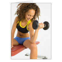 Woman lifting weights card