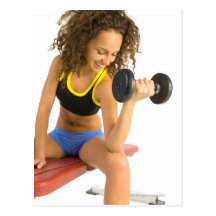 Woman lifting weights postcard