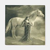 Woman with white horse. magnet
