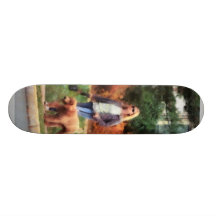 Women Walking a Dog Skate Boards