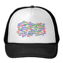 Words related to playing bass, red blue green mesh hat
