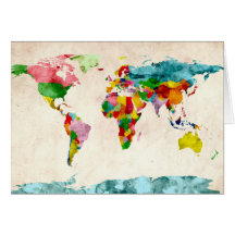 World Map Watercolors Greeting Cards