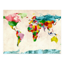 World Map Watercolors Postcard