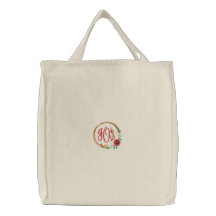 Wreath with Flowers, Bird and Monogram Canvas Bag