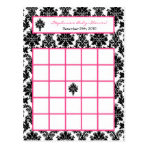 Writable Bingo Card Hot Pink Black Damask Postcards