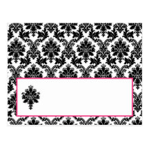 Writable Place Card Hot Pink Black Damask Post Cards