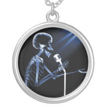 X-RAY VISION SKELETON SINGING ON RETRO MIC - BLUE PERSONALISED NECKLACE