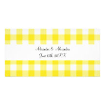Yellow gingham pattern wedding favours customized photo card