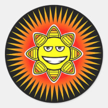 Yellow, Red & Orange Sunshine Smiley Face on Black Round Stickers