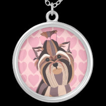 Yorkie with Pink Hearts Background Necklace necklaces