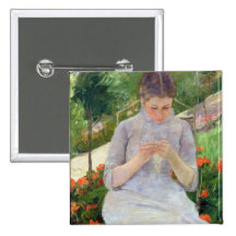 Young Woman Sewing in the garden, c.1880-82 Pinback Button