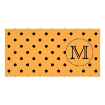 Your Letter Monogram. Orange and Black Polka Dot. Custom Photo Card