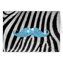 Zebra Stripes And Blue Bling Moustache Greeting Card