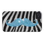 Zebra Stripes And Blue Bling Moustache iPhone 4 Case-Mate Cases