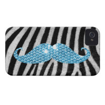 Zebra Stripes And Blue Bling Moustache iPhone 4 Case-Mate Cases