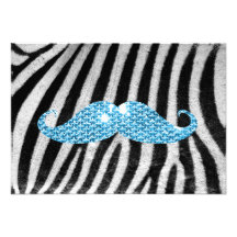 Zebra Stripes And Blue Bling Moustache Custom Invites