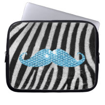 Zebra Stripes And Blue Bling Moustache Laptop Sleeves