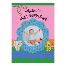 Zoo Funnies Girl First Birthday Photo Personalized Invitation