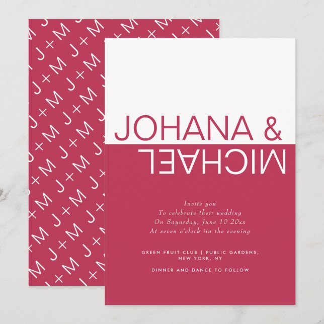 Μagenta, white colour block whimsical wedding invitation (Front/Back)
