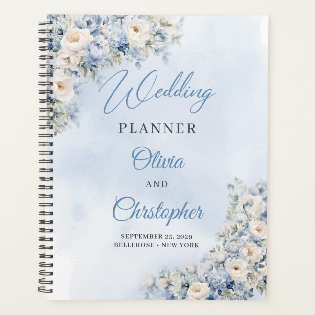 Вatercolor blue and white roses flowers wedding planner (Front)