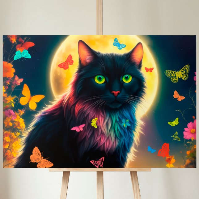 Сat butterfly moon flowers glow colourful fly cute canvas print (Creator Uploaded)