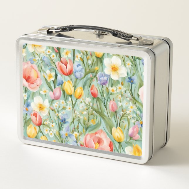 Сolorful Spring Floral Field. Painting Metal Lunch Box (Back)