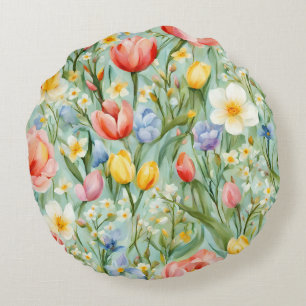 Сolorful Spring Floral Field. Painting Round Cushion