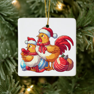 Сute Christmas Chickens, Xmas Farm Chickens Ceramic Ornament