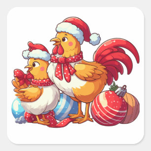 Сute Christmas Chickens, Xmas Farm Chickens Square Sticker