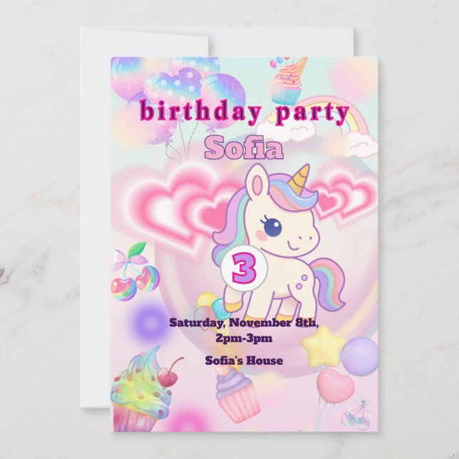 かわいいピンクのゆるふわユニコーン♡女の子の誕生日パーティー INVITATION (Front)