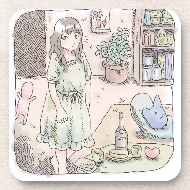さないれじ　植木鉢と本棚のある部屋で立ってこちらに視線を向ける女性のイラスト COASTER (Front)