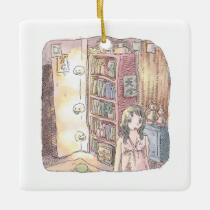さなくむじ  薄暗いお部屋で本棚のそばに浮いているぼんやり光る物体と女性のイラスト CERAMIC ORNAMENT