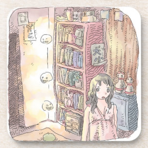 さなくむじ 薄暗いお部屋で本棚のそばに浮いているぼんやり光る物体と女性のイラスト COASTER