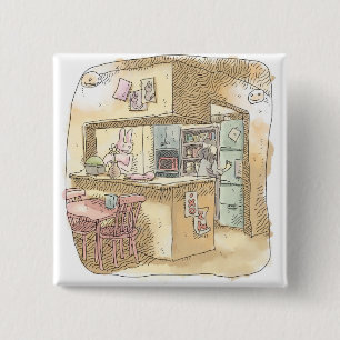 さなくれじ    うさぎのいる黄色いキッチンで冷蔵庫を開けようとする女性の後ろ姿のイラスト 15 CM SQUARE BADGE