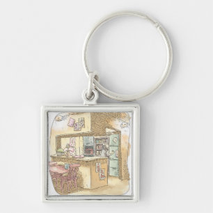 さなくれじ うさぎのいる黄色いキッチンで冷蔵庫を開けようとする女性の後ろ姿のイラスト KEY RING